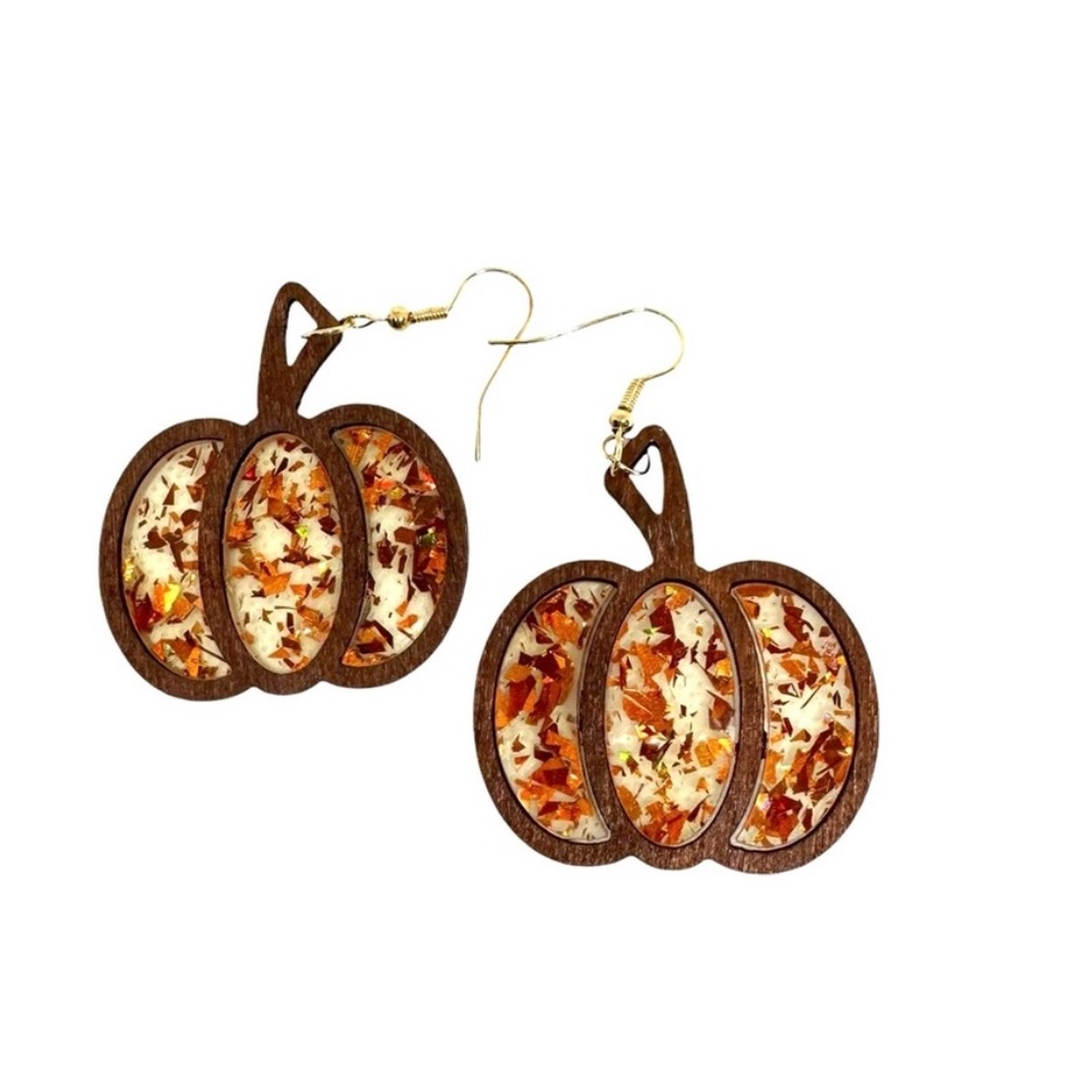 UNBRANDED Pumpkin Shaped Lightweight WOOD Earrings With AUTUMN Leaves